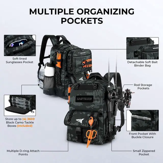 Alt view image 4 of 7 - KastKing BaitSpace 50L Fishing Tackle Backpack with Removable Bait Binder & 4 Tackle Boxes,2 Rod Holders Storage Fishing Gear and Equipment,Black Camo