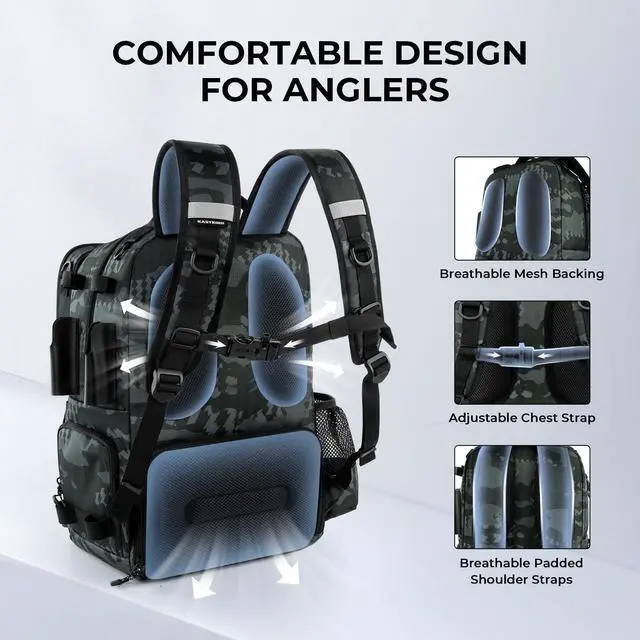 Alt view image 7 of 7 - KastKing BaitSpace 50L Fishing Tackle Backpack with Removable Bait Binder & 4 Tackle Boxes,2 Rod Holders Storage Fishing Gear and Equipment,Black Camo