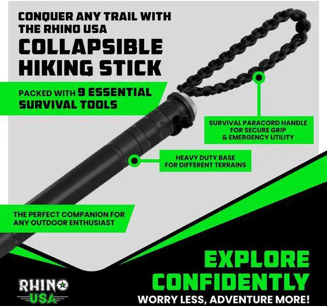 Alt view image 2 of 6 - Rhino USA Modular Tactical Walking Stick and Hiking Staff with Integrated Survival Kit for Hiking, Camping and Trekking, Adjustable Tactical Stick with Compass and Fire Starter for Camping and Hunting