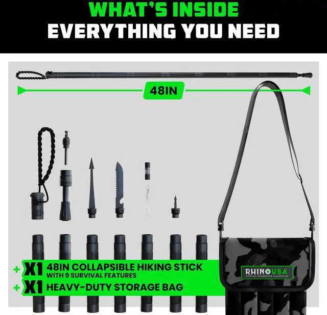 Alt view image 5 of 6 - Rhino USA Modular Tactical Walking Stick and Hiking Staff with Integrated Survival Kit for Hiking, Camping and Trekking, Adjustable Tactical Stick with Compass and Fire Starter for Camping and Hunting
