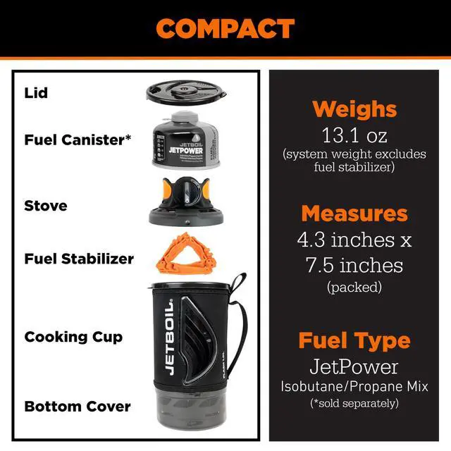Alt view image 7 of 7 - Jetboil Flash 1.0L Portable Fast Boil Stove for Camping and Backpacking with 1-Step Auto Ignition, Propane/Isobutane Burner with Cooking Cup, Carbon
