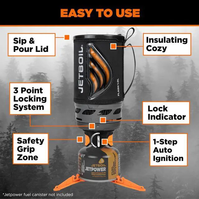 Alt view image 5 of 7 - Jetboil Flash 1.0L Portable Fast Boil Stove for Camping and Backpacking with 1-Step Auto Ignition, Propane/Isobutane Burner with Cooking Cup, Carbon