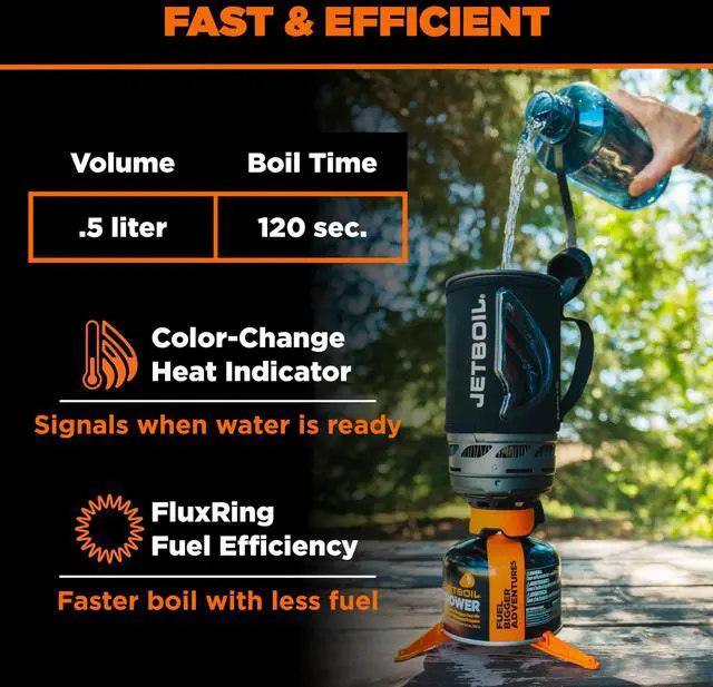 Alt view image 4 of 7 - Jetboil Flash 1.0L Portable Fast Boil Stove for Camping and Backpacking with 1-Step Auto Ignition, Propane/Isobutane Burner with Cooking Cup, Carbon