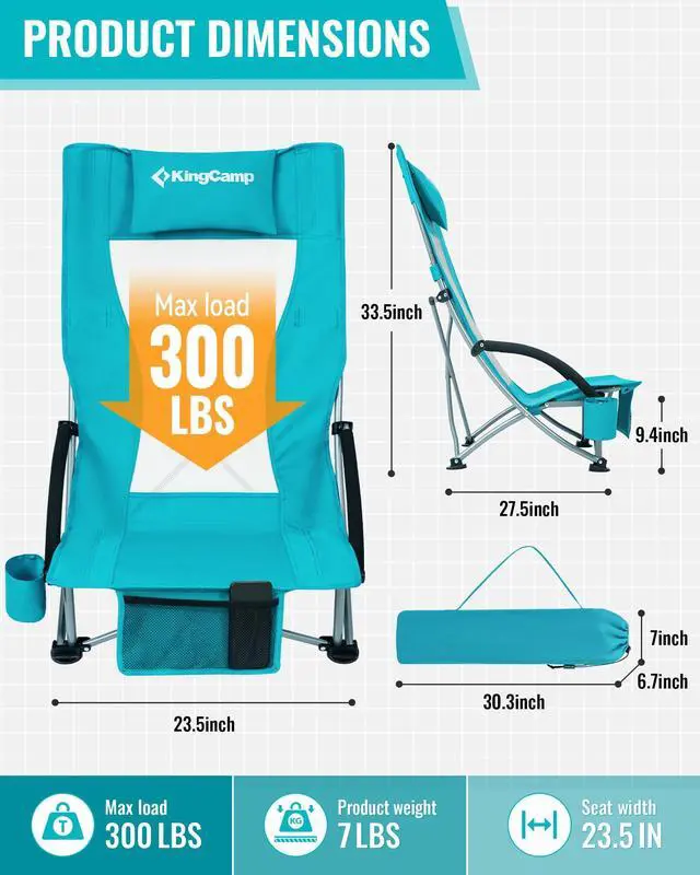Alt view image 2 of 7 - KingCamp Low Beach Chairs 2 Pack, Folding Portable Chair for Adults lightweight Extra Wide Ergonomic High Back Seat 300lbs Heavy Duty Oversized Gear with Carry Bag for Outdoor Lawn Camping Picnic