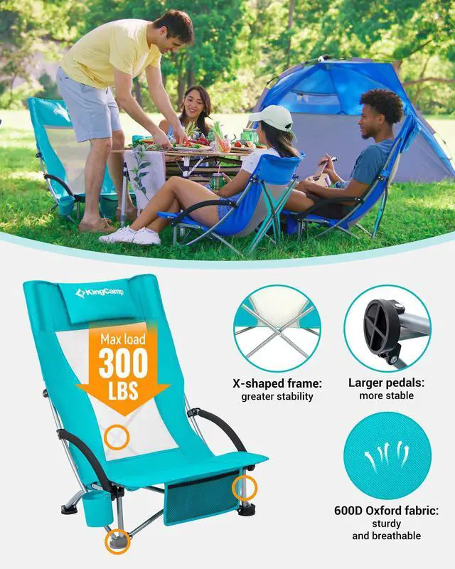 Alt view image 5 of 7 - KingCamp Low Beach Chairs 2 Pack, Folding Portable Chair for Adults lightweight Extra Wide Ergonomic High Back Seat 300lbs Heavy Duty Oversized Gear with Carry Bag for Outdoor Lawn Camping Picnic