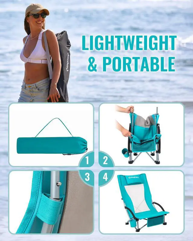 Alt view image 6 of 7 - KingCamp Low Beach Chairs 2 Pack, Folding Portable Chair for Adults lightweight Extra Wide Ergonomic High Back Seat 300lbs Heavy Duty Oversized Gear with Carry Bag for Outdoor Lawn Camping Picnic