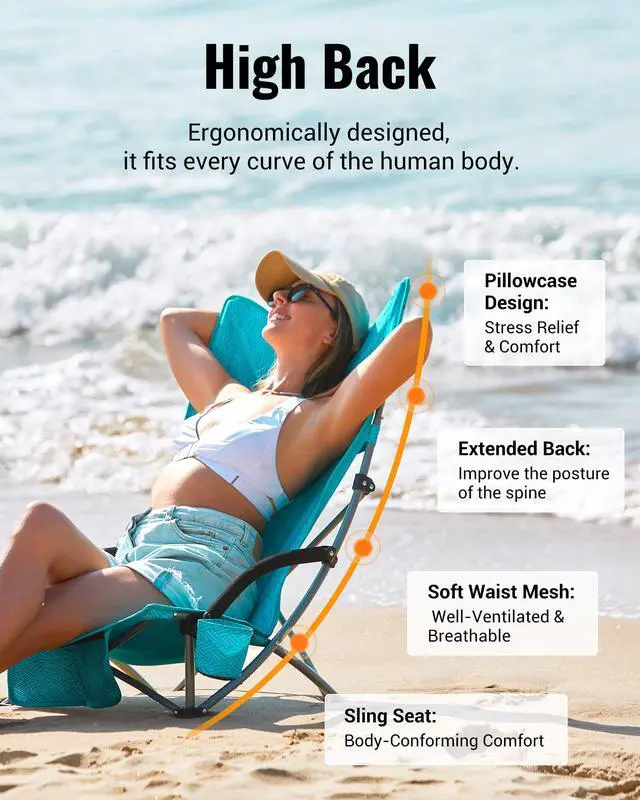 Alt view image 3 of 7 - KingCamp Low Beach Chairs 2 Pack, Folding Portable Chair for Adults lightweight Extra Wide Ergonomic High Back Seat 300lbs Heavy Duty Oversized Gear with Carry Bag for Outdoor Lawn Camping Picnic