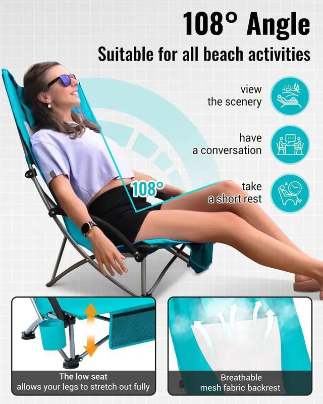 Alt view image 4 of 7 - KingCamp Low Beach Chairs 2 Pack, Folding Portable Chair for Adults lightweight Extra Wide Ergonomic High Back Seat 300lbs Heavy Duty Oversized Gear with Carry Bag for Outdoor Lawn Camping Picnic