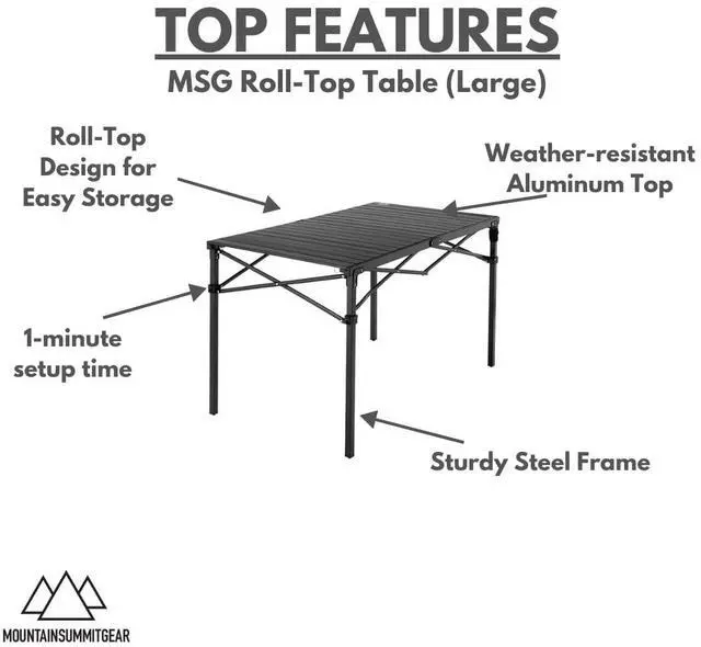 Alt view image 2 of 4 - MOUNTAIN SUMMIT GEAR Heavy-Duty Roll-Top Table for Camping (Large) - Portable Aluminum-Top Folding Table with Steel Frame by Caddis Sports