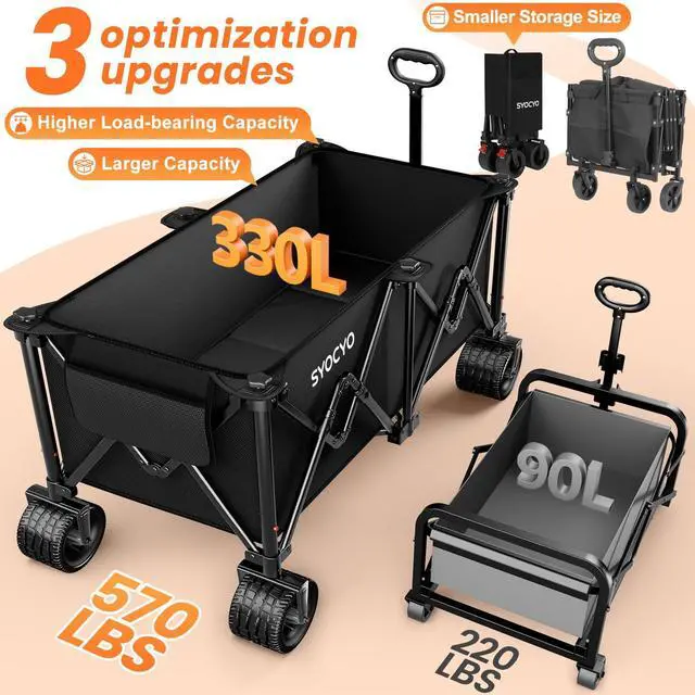 Alt view image 2 of 7 - Beach Wagon Carts Foldable 570LBS Collapsible Wagon with Big All-Terrain Wheels for Sand 330L Heavy Duty Utility Carts with Cup Holders for Garden, Camping, Grocery, Black
