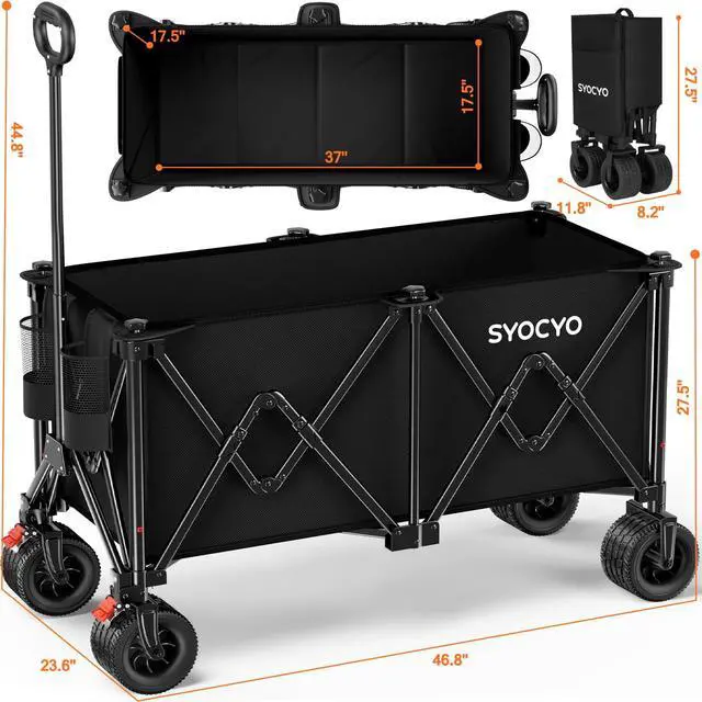 Alt view image 7 of 7 - Beach Wagon Carts Foldable 570LBS Collapsible Wagon with Big All-Terrain Wheels for Sand 330L Heavy Duty Utility Carts with Cup Holders for Garden, Camping, Grocery, Black