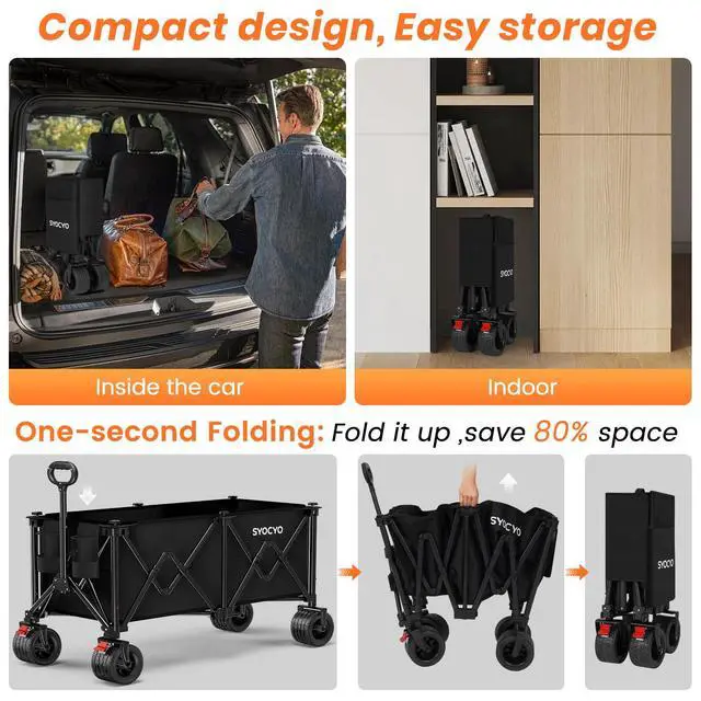 Alt view image 6 of 7 - Beach Wagon Carts Foldable 570LBS Collapsible Wagon with Big All-Terrain Wheels for Sand 330L Heavy Duty Utility Carts with Cup Holders for Garden, Camping, Grocery, Black
