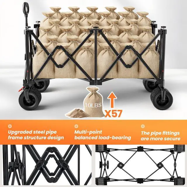 Alt view image 5 of 7 - Beach Wagon Carts Foldable 570LBS Collapsible Wagon with Big All-Terrain Wheels for Sand 330L Heavy Duty Utility Carts with Cup Holders for Garden, Camping, Grocery, Black
