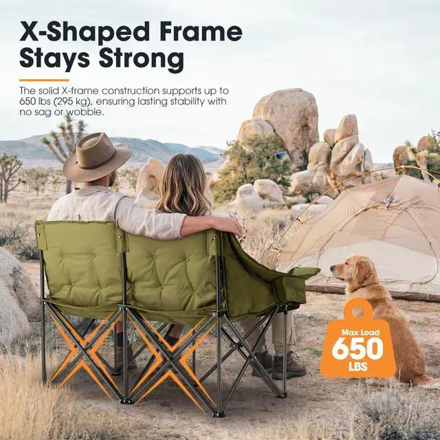 Alt view image 3 of 7 - SAN HIMA Double Camping Chair for 2 Person, 650 LBS Heavy Duty Folding Loveseat with 43.7" Thick Padded Seat, Adjustable Cup Holders & Carry Bag, Waterproof Steel Camp Couch for Beach, Lawn & Backyard