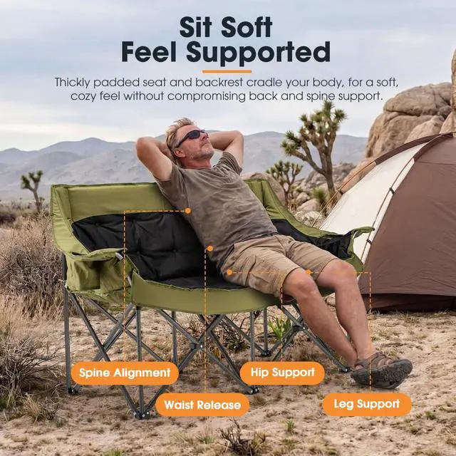 Alt view image 4 of 7 - SAN HIMA Double Camping Chair for 2 Person, 650 LBS Heavy Duty Folding Loveseat with 43.7" Thick Padded Seat, Adjustable Cup Holders & Carry Bag, Waterproof Steel Camp Couch for Beach, Lawn & Backyard