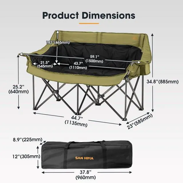 Alt view image 7 of 7 - SAN HIMA Double Camping Chair for 2 Person, 650 LBS Heavy Duty Folding Loveseat with 43.7" Thick Padded Seat, Adjustable Cup Holders & Carry Bag, Waterproof Steel Camp Couch for Beach, Lawn & Backyard