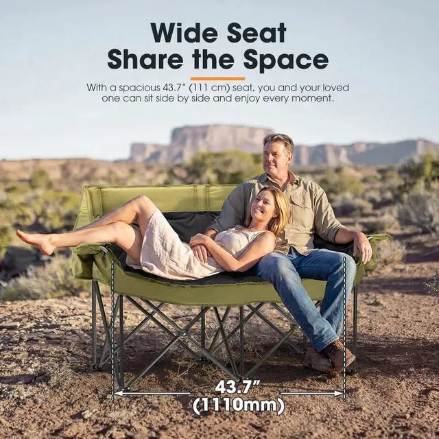 Alt view image 2 of 7 - SAN HIMA Double Camping Chair for 2 Person, 650 LBS Heavy Duty Folding Loveseat with 43.7" Thick Padded Seat, Adjustable Cup Holders & Carry Bag, Waterproof Steel Camp Couch for Beach, Lawn & Backyard