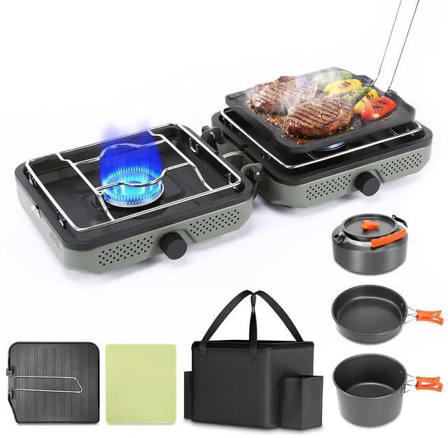 Main image of Hisencn 2 Burner Propane Camping Stove, 30000 BTU Foldable Portable Gas Stove with Cookware Set & Carry Bag, Outdoor Cooking for Camping, RV, Emergency Use, Green