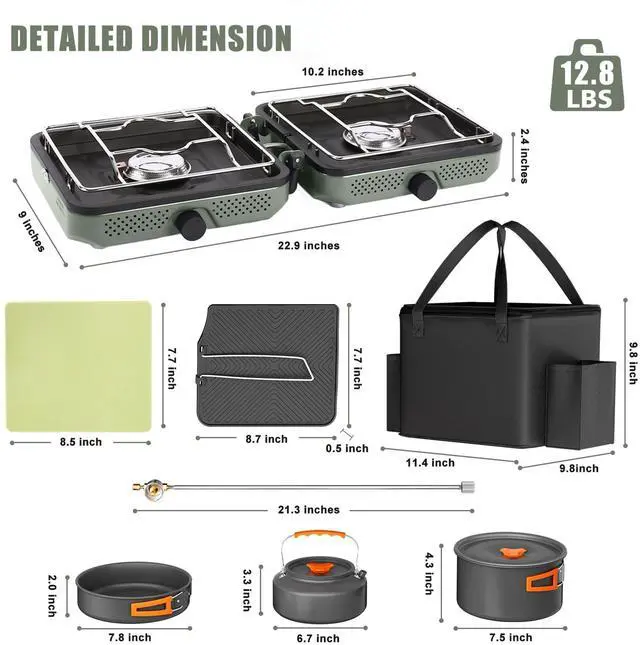 Alt view image 2 of 7 - Hisencn 2 Burner Propane Camping Stove, 30000 BTU Foldable Portable Gas Stove with Cookware Set & Carry Bag, Outdoor Cooking for Camping, RV, Emergency Use, Green