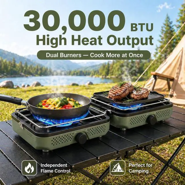 Alt view image 3 of 7 - Hisencn 2 Burner Propane Camping Stove, 30000 BTU Foldable Portable Gas Stove with Cookware Set & Carry Bag, Outdoor Cooking for Camping, RV, Emergency Use, Green