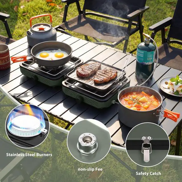 Alt view image 5 of 7 - Hisencn 2 Burner Propane Camping Stove, 30000 BTU Foldable Portable Gas Stove with Cookware Set & Carry Bag, Outdoor Cooking for Camping, RV, Emergency Use, Green