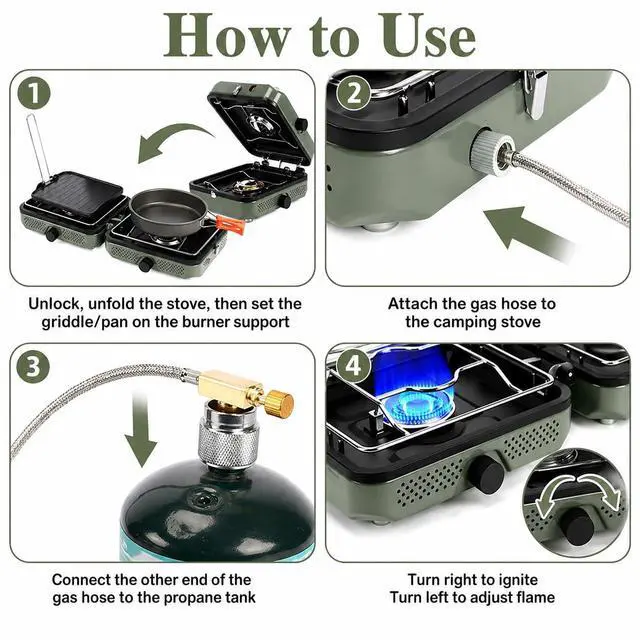Alt view image 6 of 7 - Hisencn 2 Burner Propane Camping Stove, 30000 BTU Foldable Portable Gas Stove with Cookware Set & Carry Bag, Outdoor Cooking for Camping, RV, Emergency Use, Green