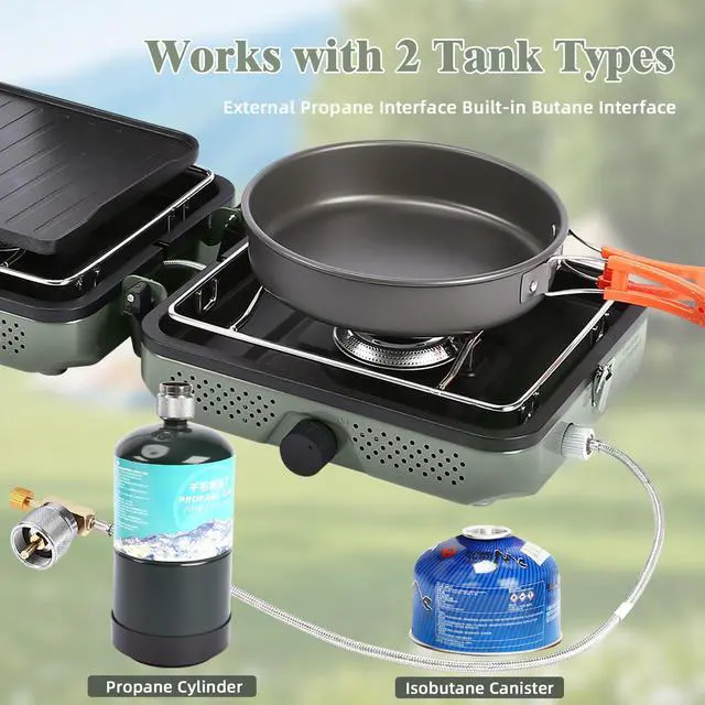 Alt view image 7 of 7 - Hisencn 2 Burner Propane Camping Stove, 30000 BTU Foldable Portable Gas Stove with Cookware Set & Carry Bag, Outdoor Cooking for Camping, RV, Emergency Use, Green