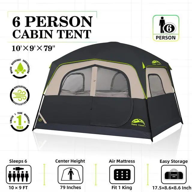 Alt view image 2 of 7 - Happy Travel Tent 6 Person Tents for Camping, Waterproof Easy Setup Camping Tent with Rainfly, Portable Large Family Cabin Tent with 5 Large Mesh Windows and Carry Bag for Outdoor Camping & Hiking