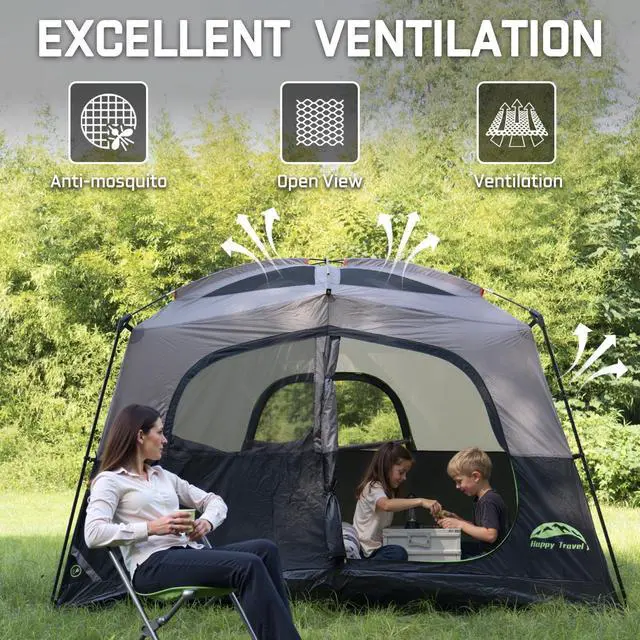 Alt view image 4 of 7 - Happy Travel Tent 6 Person Tents for Camping, Waterproof Easy Setup Camping Tent with Rainfly, Portable Large Family Cabin Tent with 5 Large Mesh Windows and Carry Bag for Outdoor Camping & Hiking
