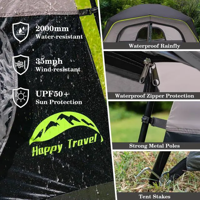 Alt view image 6 of 7 - Happy Travel Tent 6 Person Tents for Camping, Waterproof Easy Setup Camping Tent with Rainfly, Portable Large Family Cabin Tent with 5 Large Mesh Windows and Carry Bag for Outdoor Camping & Hiking
