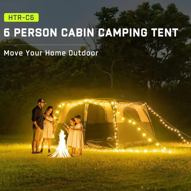 Alt view image 7 of 7 - Happy Travel Tent 6 Person Tents for Camping, Waterproof Easy Setup Camping Tent with Rainfly, Portable Large Family Cabin Tent with 5 Large Mesh Windows and Carry Bag for Outdoor Camping & Hiking