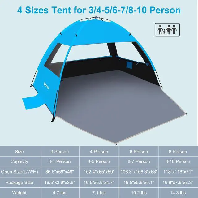 Alt view image 2 of 7 - Gorich Beach Tent Sun Shelter for 3/4/6/8/10 Person with UPF 50 UV Protection, Lightweight & Easy Setup Beach Shade Canopy, Portable Beach Shade Tent Beach Cabana