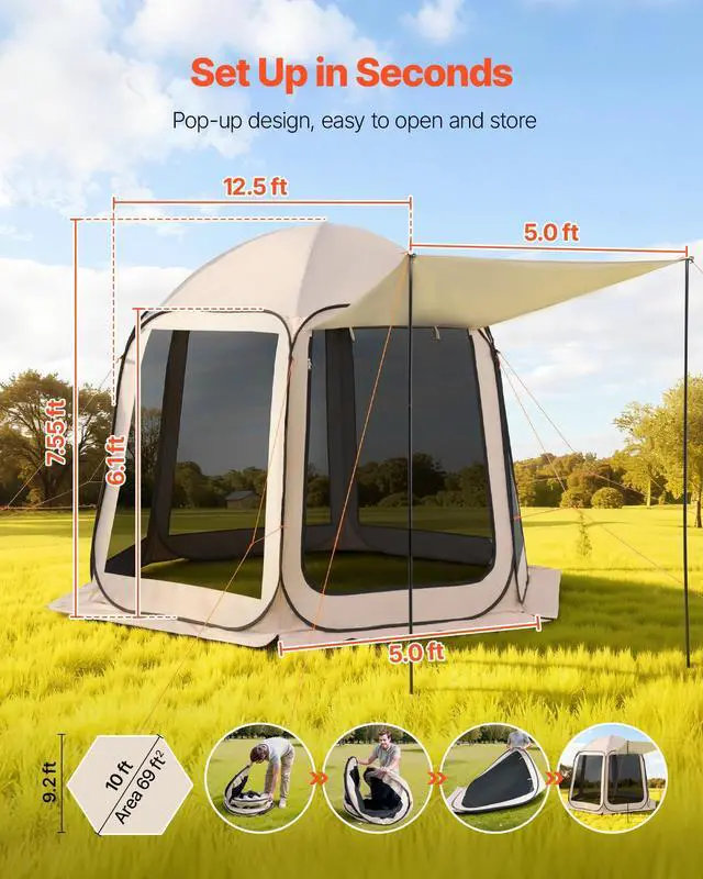 Alt view image 2 of 7 - Pop Up Screen House Tent VEVOR 10 x 9.2 FT Pop-Up Screen Room with Awning, Portable Screen Tent Gazebo for 48 Person, Instant Screen Canopy with Carry Bag for Patio Backyard Camping
