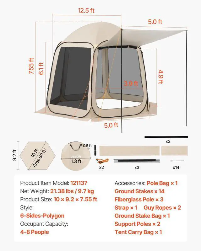 Alt view image 7 of 7 - Pop Up Screen House Tent VEVOR 10 x 9.2 FT Pop-Up Screen Room with Awning, Portable Screen Tent Gazebo for 48 Person, Instant Screen Canopy with Carry Bag for Patio Backyard Camping