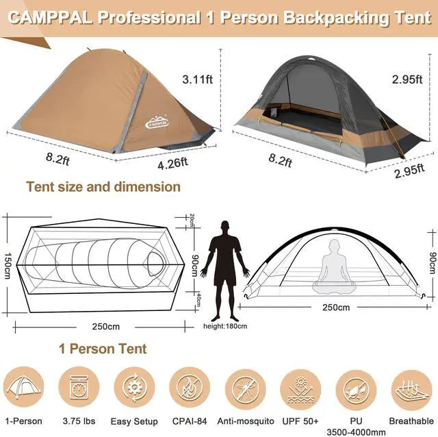 Alt view image 5 of 7 - camppal 1 Person Tent for Camping Hiking Mountain Hunting Backpacking Tents 4 Season Resistance to Windproof Rainproof and Waterproof