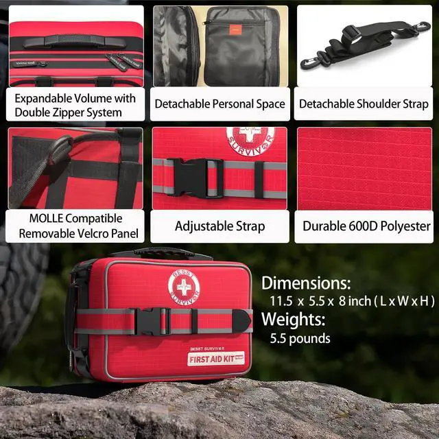 Alt view image 4 of 7 - Besst Survivor 401 Piece First Aid Kit with Chest Seals -Labeled, Expandable & Mountable, Emergency Medical Kit for Home, Car, Camping & Outdoor, Waterproof Trauma Kits with Labeled Compartments