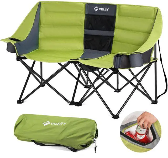 Main image of VILLEY Double Camping Chair w/Cooler Bag, Extra Wide Loveseat, Heavy Duty Padded Camping Couch, Portable Folding Chair w/Carry Bag Steel Frame Cup Holders for Camp Lawn Picnic Sports, Support 600LBS