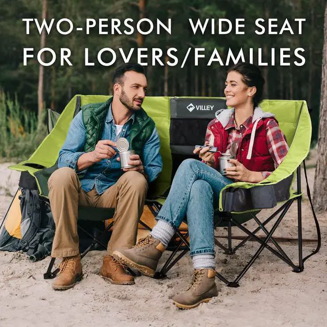 Alt view image 2 of 7 - VILLEY Double Camping Chair w/Cooler Bag, Extra Wide Loveseat, Heavy Duty Padded Camping Couch, Portable Folding Chair w/Carry Bag Steel Frame Cup Holders for Camp Lawn Picnic Sports, Support 600LBS