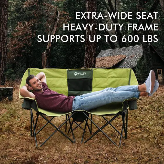 Alt view image 4 of 7 - VILLEY Double Camping Chair w/Cooler Bag, Extra Wide Loveseat, Heavy Duty Padded Camping Couch, Portable Folding Chair w/Carry Bag Steel Frame Cup Holders for Camp Lawn Picnic Sports, Support 600LBS