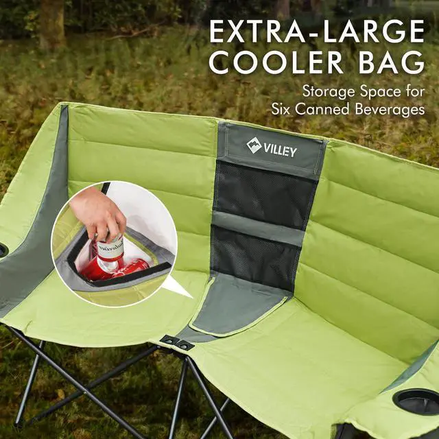 Alt view image 5 of 7 - VILLEY Double Camping Chair w/Cooler Bag, Extra Wide Loveseat, Heavy Duty Padded Camping Couch, Portable Folding Chair w/Carry Bag Steel Frame Cup Holders for Camp Lawn Picnic Sports, Support 600LBS