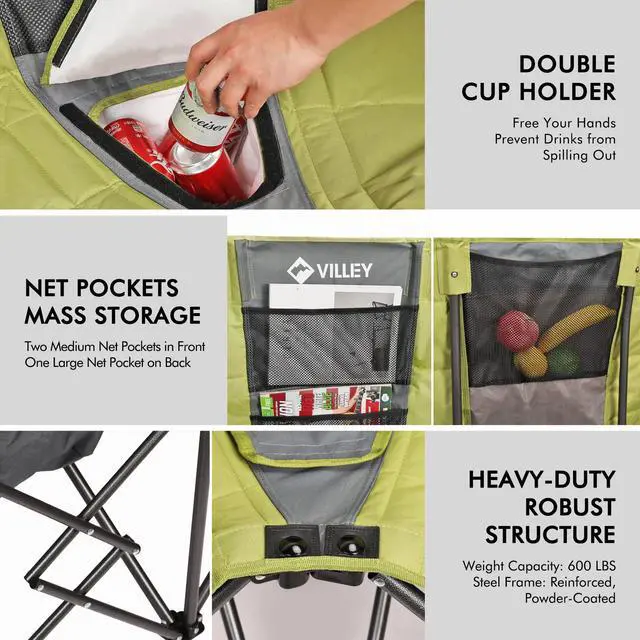 Alt view image 7 of 7 - VILLEY Double Camping Chair w/Cooler Bag, Extra Wide Loveseat, Heavy Duty Padded Camping Couch, Portable Folding Chair w/Carry Bag Steel Frame Cup Holders for Camp Lawn Picnic Sports, Support 600LBS