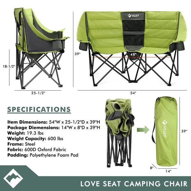 Alt view image 6 of 7 - VILLEY Double Camping Chair w/Cooler Bag, Extra Wide Loveseat, Heavy Duty Padded Camping Couch, Portable Folding Chair w/Carry Bag Steel Frame Cup Holders for Camp Lawn Picnic Sports, Support 600LBS