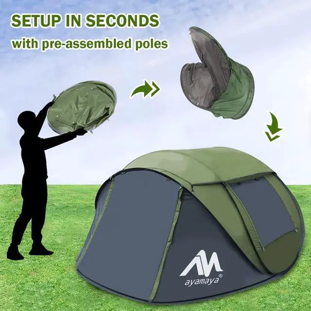 Alt view image 2 of 7 - 4 Person Pop Up Tents for Camping - AYAMAYA Upgraded Large Size & Skylight & Removable Rainfly & 2 Doors & Waterproof Instant Family Tents, Automatic Easy Up Tent with Poles for Camp, Travel, Beach