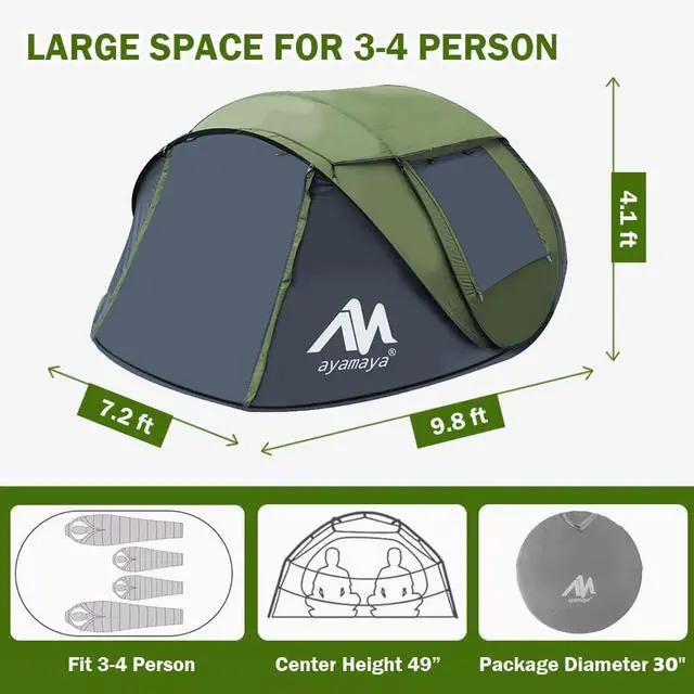 Alt view image 4 of 7 - 4 Person Pop Up Tents for Camping - AYAMAYA Upgraded Large Size & Skylight & Removable Rainfly & 2 Doors & Waterproof Instant Family Tents, Automatic Easy Up Tent with Poles for Camp, Travel, Beach