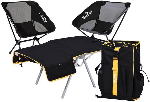 Main image of Vocpuli Camping Backpack - Aviation Aluminum Table Frame + 2 Folding Camping Chairs,+ Convertible Backpack Tabletop, Quick Setup&Portable,Camping Gear,Gifts for Camping, Picnic, Beach (Black)