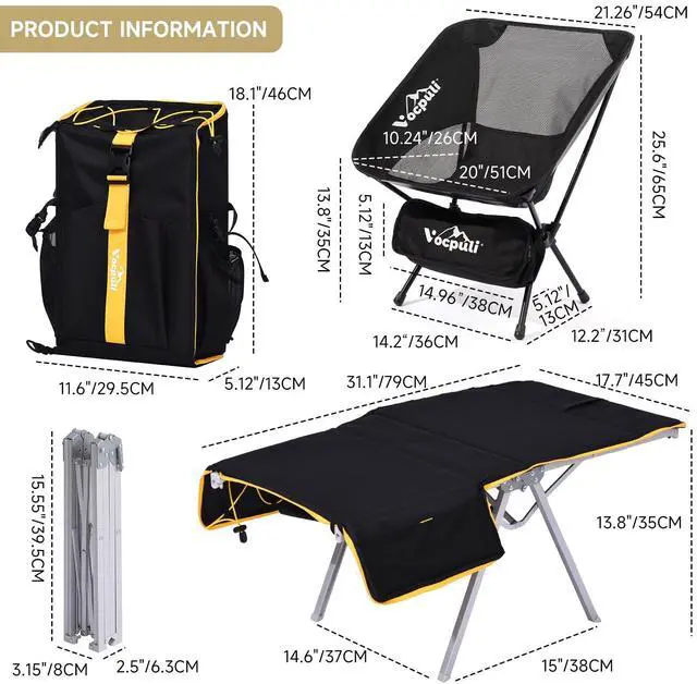 Alt view image 3 of 7 - Vocpuli Camping Backpack - Aviation Aluminum Table Frame + 2 Folding Camping Chairs,+ Convertible Backpack Tabletop, Quick Setup&Portable,Camping Gear,Gifts for Camping, Picnic, Beach (Black)