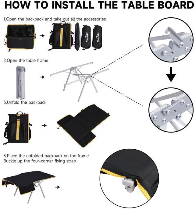 Alt view image 7 of 7 - Vocpuli Camping Backpack - Aviation Aluminum Table Frame + 2 Folding Camping Chairs,+ Convertible Backpack Tabletop, Quick Setup&Portable,Camping Gear,Gifts for Camping, Picnic, Beach (Black)
