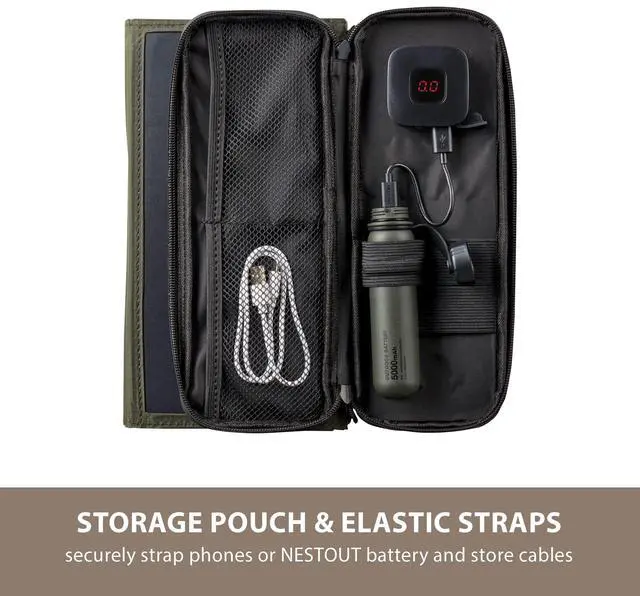 Alt view image 5 of 7 - ELECOM NESTOUT Portable Solar Panel, Dual USB-A Ports, 28W Power Generation Charger for Phone Camping, Durable Water-Resistant Ripstop Nylon, Foldable Lightweight, Adjustable Stands (2-Panel)