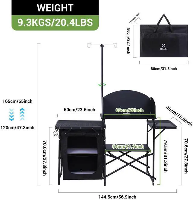 Alt view image 2 of 7 - Nice C Camping Kitchen Station, Picnic Portable Grill Table, Folding Cook Station Organizers, with Upgrade Light Stand, Windshield, Carry Bag for Outdoor, Beach, Picnic (Black)