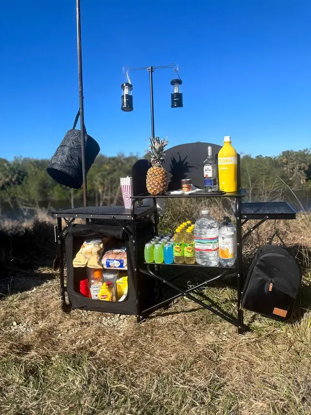 Alt view image 3 of 7 - Nice C Camping Kitchen Station, Picnic Portable Grill Table, Folding Cook Station Organizers, with Upgrade Light Stand, Windshield, Carry Bag for Outdoor, Beach, Picnic (Black)